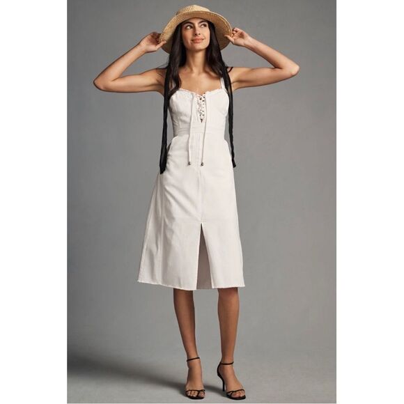 NEW Anthropologie Pilcro Slim White Denim Sweetheart Corset Midi Dress Large - Picture 1 of 5
